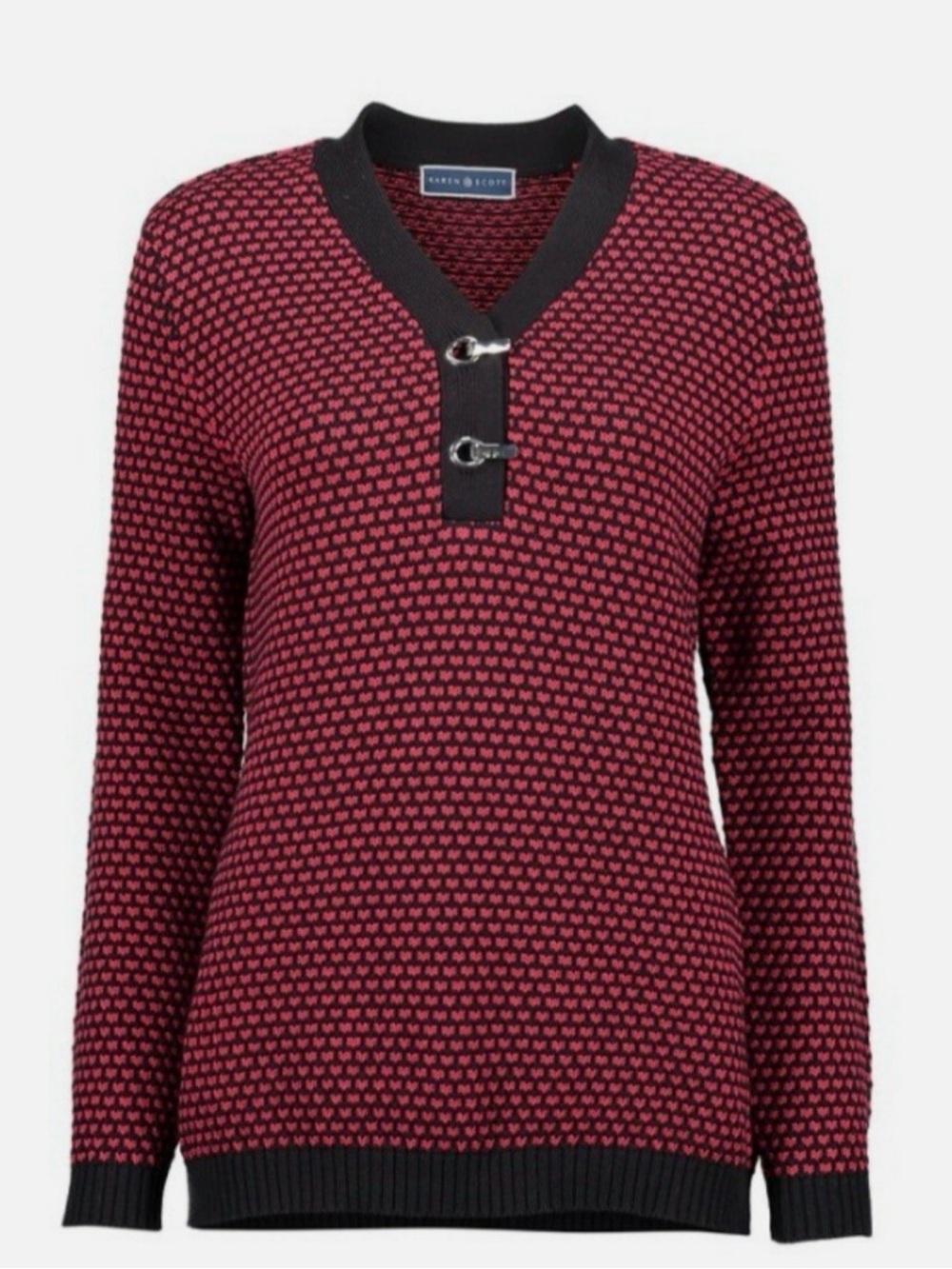 Karen Scott Burgundy & Navy Blue Geometric Henley Sweater